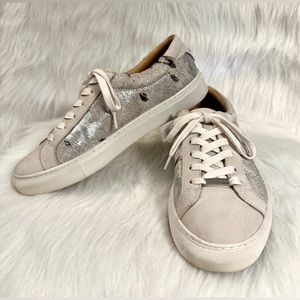 J/Slides Women's Lacee Calf Hair Metallic Silver Lace Up Sneakers Size 8 EUC